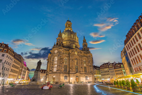 Dresden Germany, night city skyline at Frauenkirche Church © Noppasinw