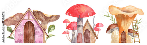 Collection of hand painted watercolor cute fairy tale houses. Mushroom houses for gnomes and fairies. Cartoon detailed illustrations for art cards
