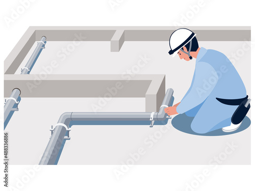 給排水管工事を行う配管工のベクターイラスト