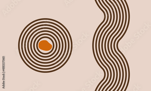 vertical wave parallels lines and circle, balanced zen garden, vector top view illustration
