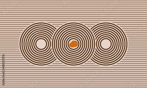 parallels lines and 3 circles, japanese zen garden in beige sand vector top view illustration