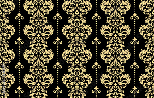 Wallpaper in the style of Baroque. Seamless vector background. Gold and black floral ornament. Graphic pattern for fabric, wallpaper, packaging. Ornate Damask flower ornament