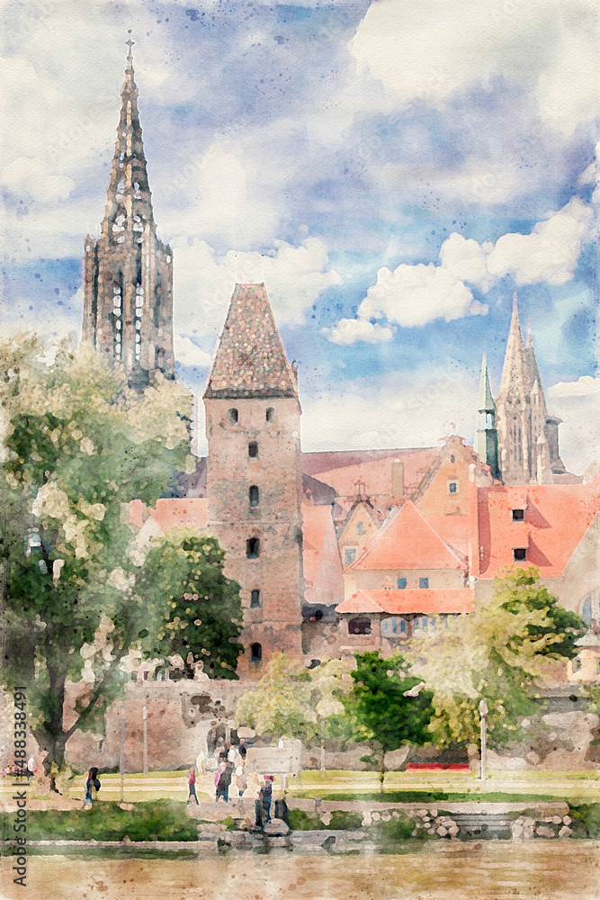 Fototapeta premium Aquarell von der Ulmer Altstadt und dem Metzgerturm