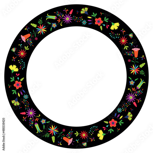 Floral circle frame in style of Mexican embroidery Otomi Tenango. Porcelain decorative frame .
