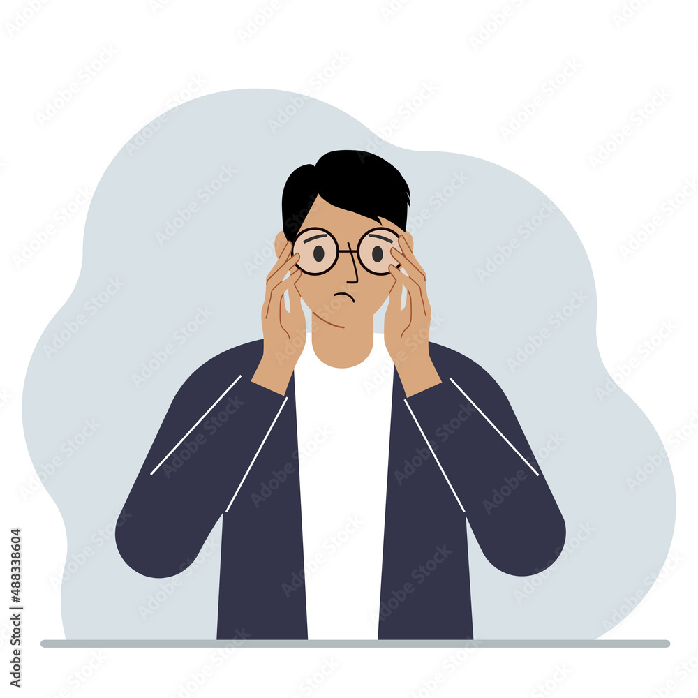 Sad man with glasses. Vision problem concept. Vector Sad man with glasses. Vision problem concept. Vector