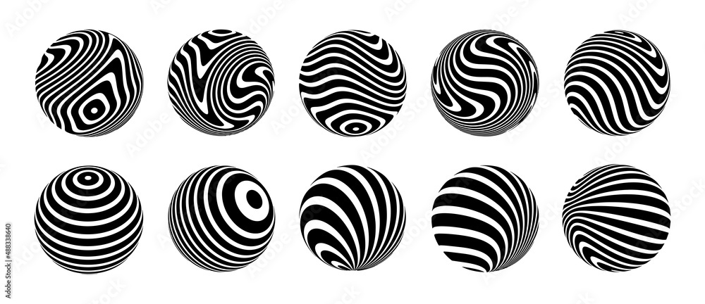 Set of 3d optical illusions on spheres. Spheres from twisted stripes. Illusion effect. Black and white 3d art. Vector illustration. Set of 3d optical illusions on spheres. Spheres from twisted stripes. Illusion effect. Black and white 3d art. Vector illustration.
