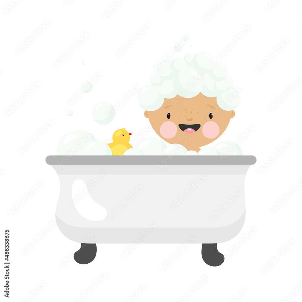 Naklejka premium Boy takes a bath. Cartoon style. Vector illustration on a white background.