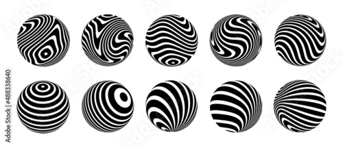 Set of 3d optical illusions on spheres. Spheres from twisted stripes. Illusion effect. Black and white 3d art. Vector illustration.