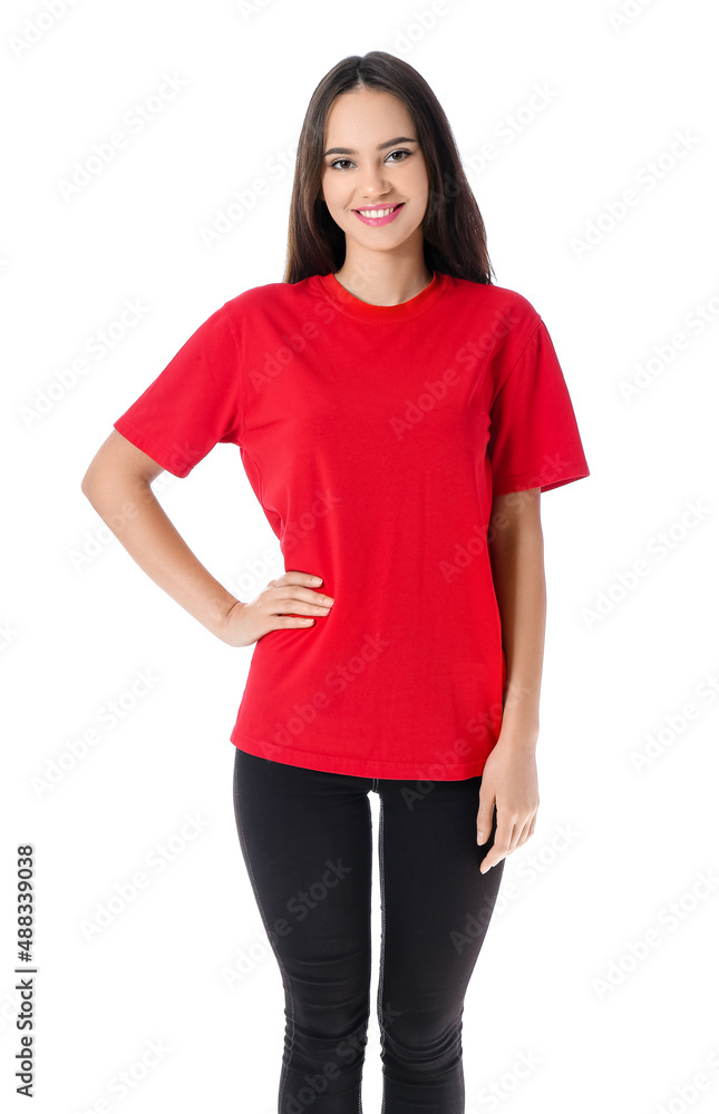 Pretty young woman in stylish t-shirt on white background Pretty young woman in stylish t-shirt on white background