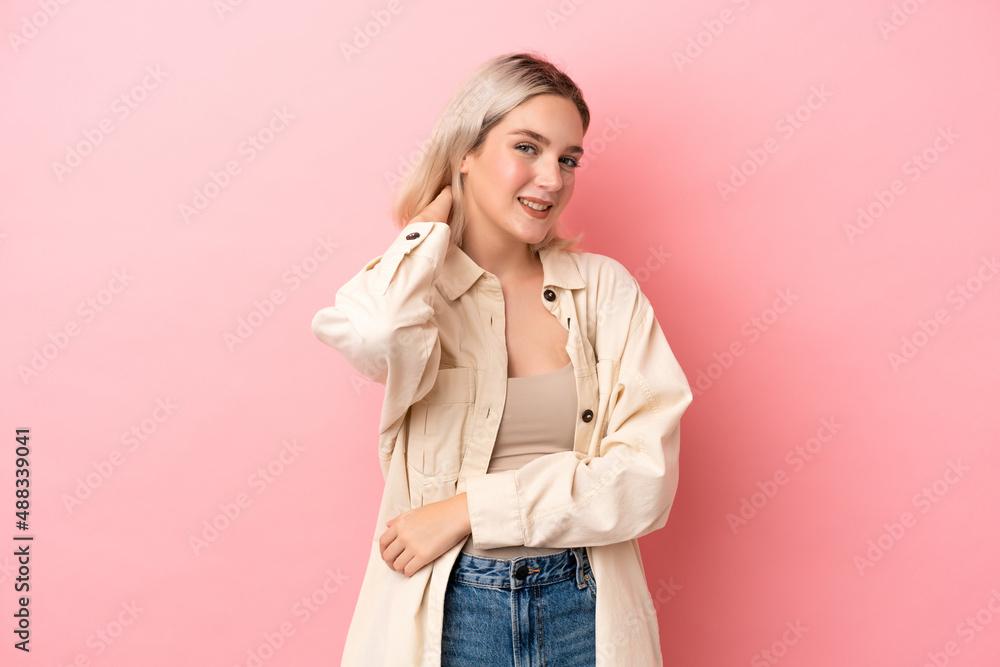 Young caucasian woman isolated on pink background laughing Young caucasian woman isolated on pink background laughing