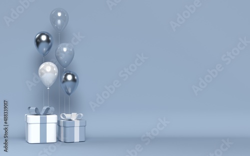 3d glossy balloons with gift boxes. Blue background for Father's Day, birthday, anniversary, sale. 3d rendering illustration with copy space.