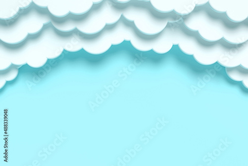 Paper cut white clouds on turquoise background. Layered border. 3d rendering illustration for Father's Day, Easter.