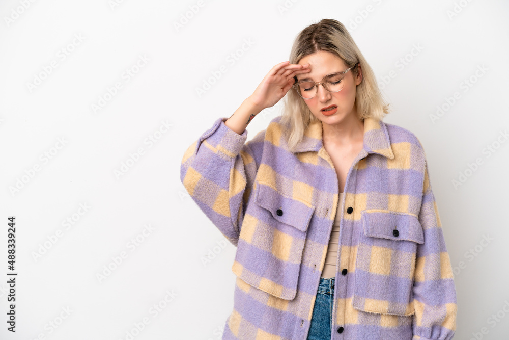 Young caucasian woman isolated on white background with tired and sick expression Young caucasian woman isolated on white background with tired and sick expression