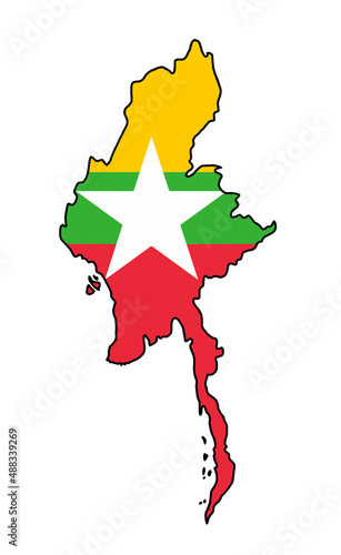 Myanmar formely Burma Isolated Silhouette Map With Flag photo