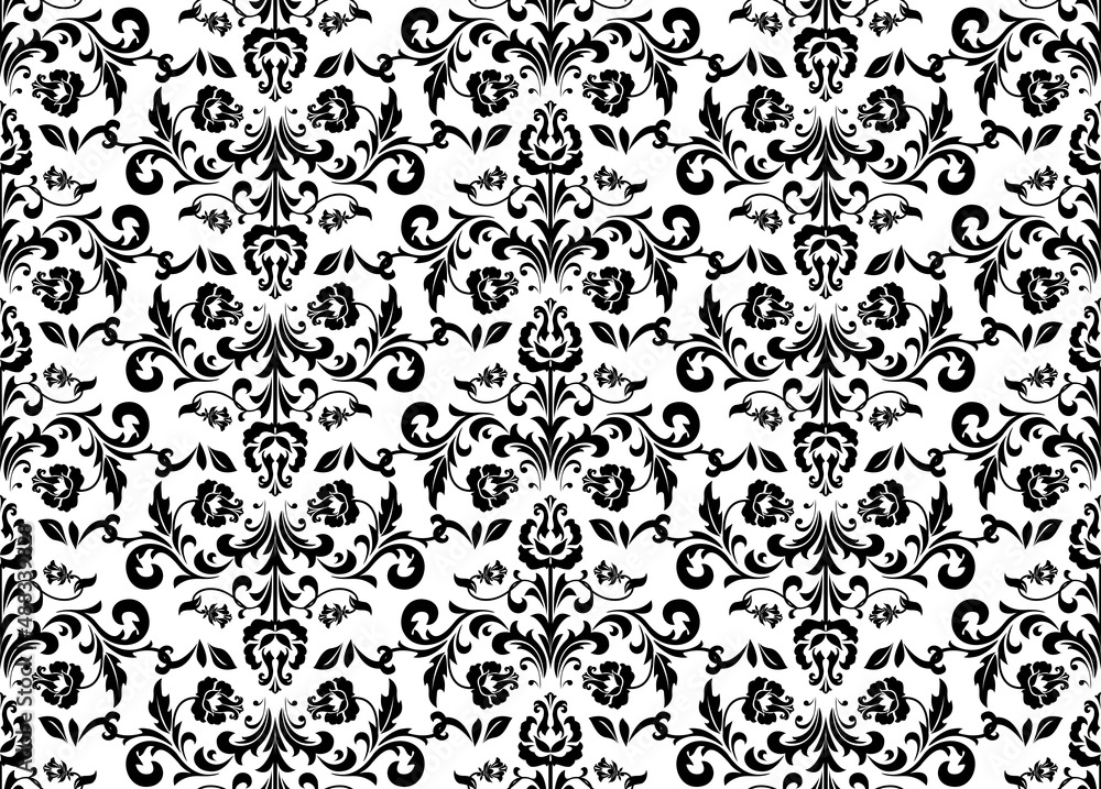 Wallpaper in the style of Baroque. Seamless vector background. White and black floral ornament. Graphic pattern for fabric, wallpaper, packaging. Ornate Damask flower ornament Wallpaper in the style of Baroque. Seamless vector background. White and black floral ornament. Graphic pattern for fabric, wallpaper, packaging. Ornate Damask flower ornament