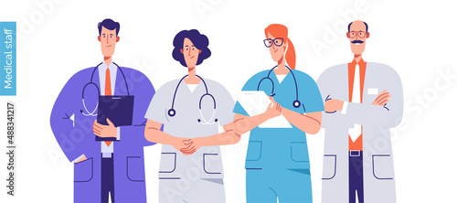 Vector outline illustration of a medical personnel, health workers, hospital physicians. Editable stroke, global swatches