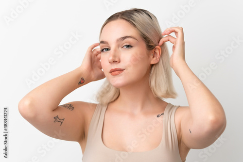 Pretty Blonde caucasian woman isolated on white background