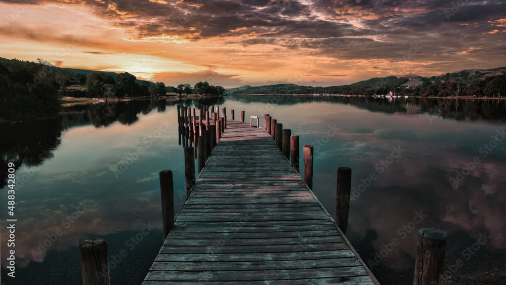 Early morning sunrise on Coniston Monk pier in the Lake District