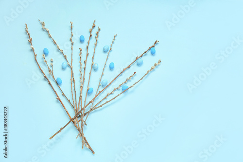Easter eggs and pussy willow branches on blue background