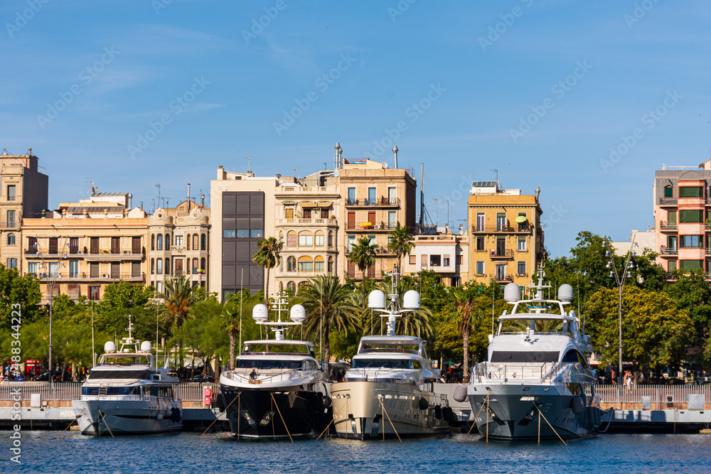 View of Port Vell during summer season in Barcelona, Catalonia, Spain