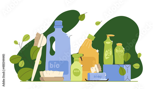 Eco friendly products for house cleaning or laundry washing. Natural organic household product, home cleaner detergents with plant based ingredients. Bottles, soap and brushes for housekeeping service