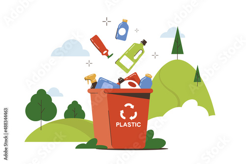 Flat vector illustration trash can with plastic waste for recycling and disposal. Garbage bin with empty packaging bottles. Sorting box for reduce environmental pollution. Ecology or recycle concept.