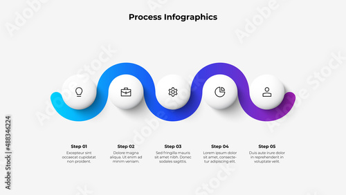Five circles arranged in a horizontal row connected by a gradient zigzag line. Concept of 5 steps of business timeline. Creative infographic design template