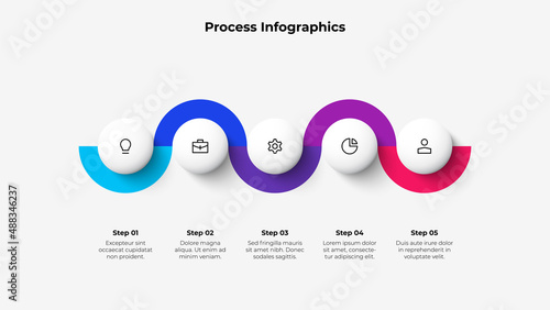 Five circles arranged in a horizontal row connected by a zigzag line. Concept of 5 steps of business timeline. Creative infographic design template.