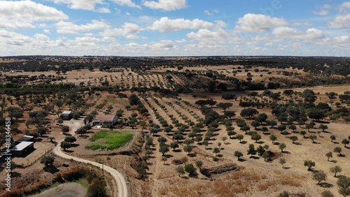 Aerial view of a typical Alentejo dry landscape located in Portugal. Rural Alentejo landscape in Arronches, Portalegre.