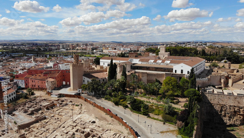 Aerial view of the Espantaperros Tower is in the eastern part of the Citadel and is a watchtower. It has an octagonal plan Most of the tower is soli in Badajoz, Spain.