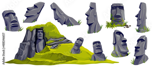 Moai on Easter island in cave. Isolated vector cartoon stone sculptures on mountain. Set ancient statue civilizations of atlantis and lemuria. photo
