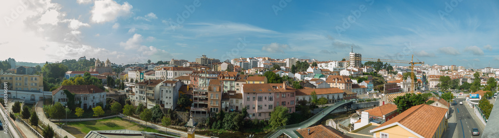 Leiria, Portugal, August 29, 2021: Panoramic view of Leiria downtown cityscape with Lis River canal.