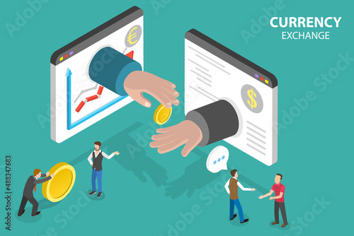 3D Isometric Flat Vector Conceptual Illustration of Currency Exchange, Online Money Transfer