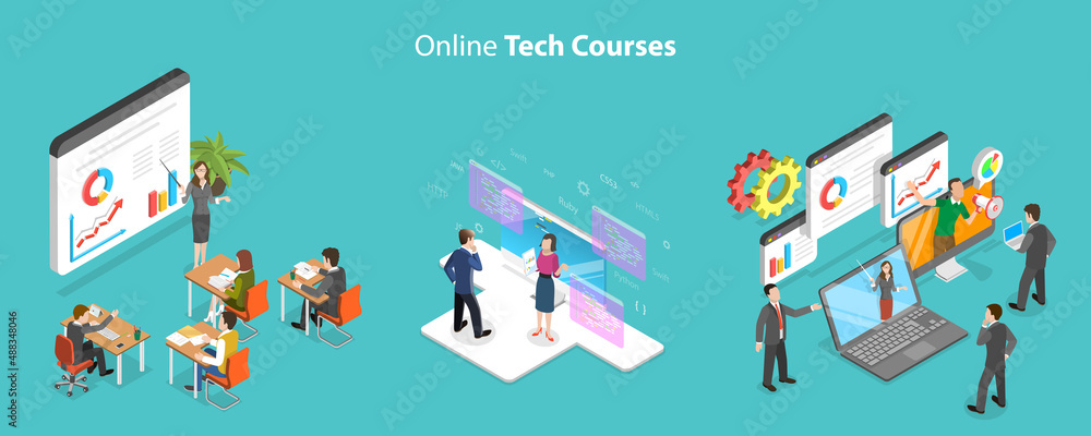 3D Isometric Flat Vector Conceptual Illustration of Online Tech Courses, IT Specialist Training