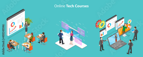 3D Isometric Flat Vector Conceptual Illustration of Online Tech Courses, IT Specialist Training