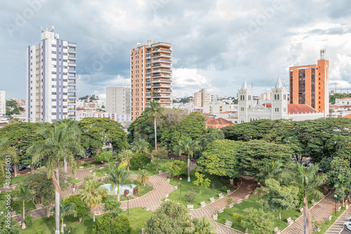 Aerial view of Praça da Matriz, downtown Passos, Minas Gerais, Brazil 