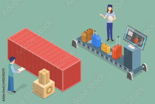 3D Isometric Flat Vector Conceptual Illustration of Customs Inspection, Airport Luggage Check