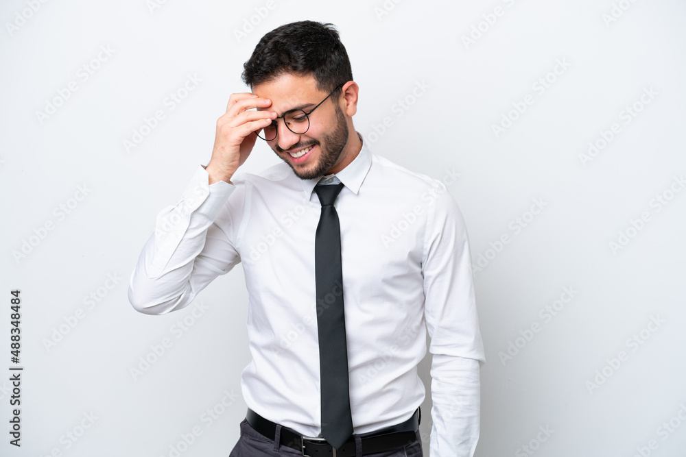 Business Brazilian man isolated on white background laughing Business Brazilian man isolated on white background laughing