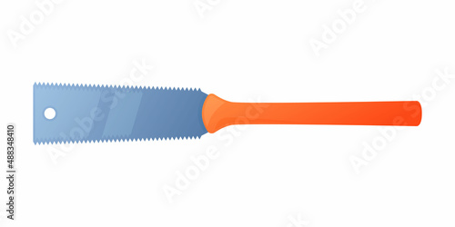 Vector illustration hacksaw with orange handle isolated on white background. Carpenter or repairmen handsaw vector icon in flat cartoon style. Construction tool. Japanese saw.
