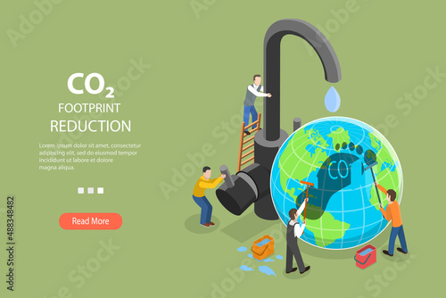 3D Isometric Flat Vector Conceptual Illustration of CO2 Footprint Reduction, Decrease Carbon Footprint