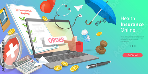 3D Vector Conceptual Illustration of Health Insurance Online, Quality Medical Services