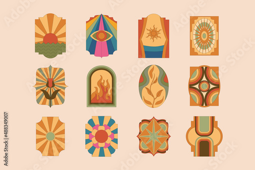 Simple Linear Art chunky Hippie Retro hippie stickers, psychedelic groovy set bundle elements. vintage icons in 70s-80s style. Flat vector illustration, design templates with rainbow, sun and frame.
