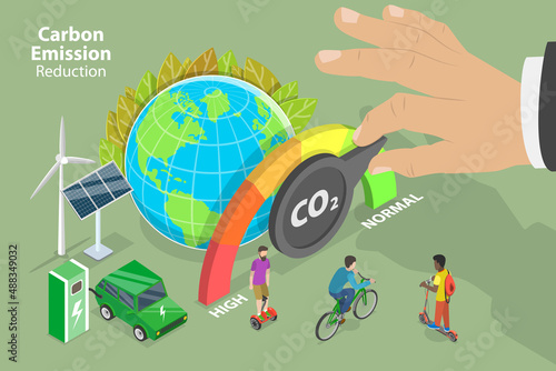 3D Isometric Flat Vector Conceptual Illustration of Reducing Carbon Emissions, Carbon Dioxide Emissions Decrease