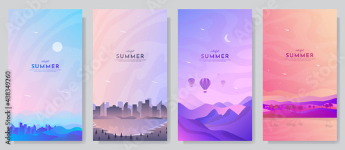 Vector illustration. Minimalist backgrounds collection. Gradient futuristic color. Design for flyer, booklet, coupon, voucher, wallpapers. Nature colorful sunset scene, cityscape. Flat cartoon style
