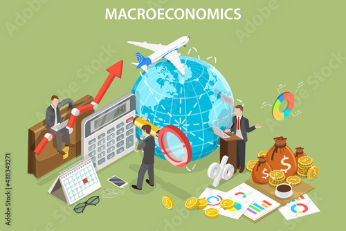 3D Isometric Flat Vector Conceptual Illustration of Macroeconomics, International Finance and Global Markets photo