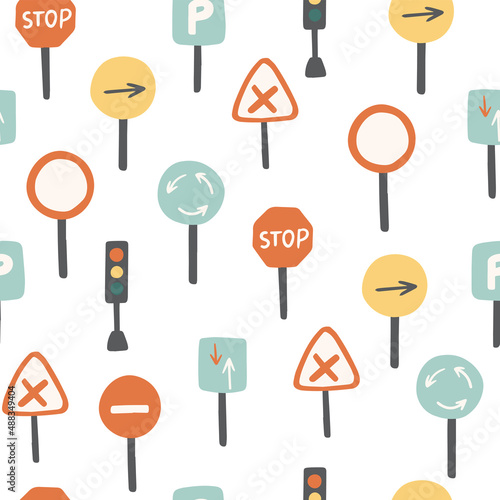 Childish seamless pattern with road signs.
