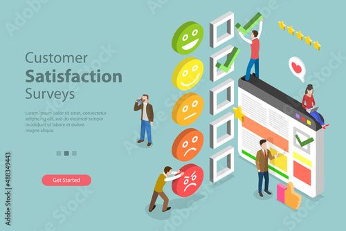 3D Isometric Flat Vector Conceptual Illustration of Customer Satisfaction Surveys, Client Rating and Feedback