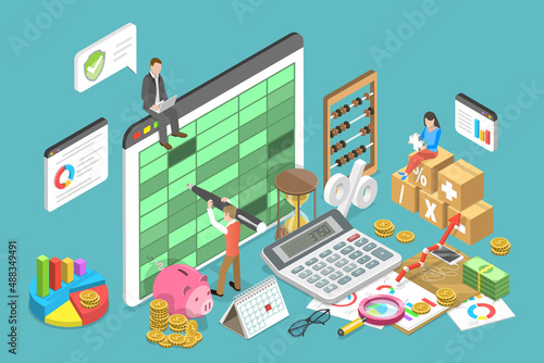 3D Isometric Flat Vector Conceptual Illustration of Financial Accounting, Spreadsheet Report Building