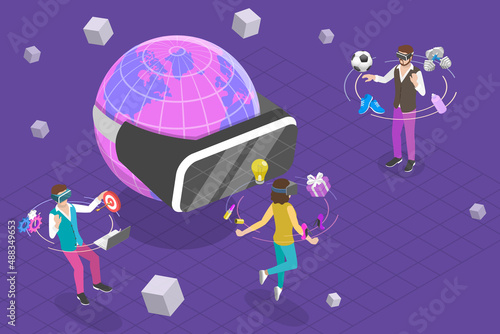 3D Isometric Flat Vector Conceptual Illustration of Metaverse Virtual Worlds, Augmented Reality Technology