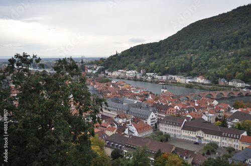 A small ancient town through which the river passes. Beautiful landscape of a European city. top view for postcard.